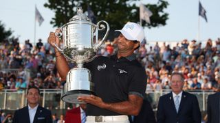 Aaron Rai celebrating with the Wanamaker Trophy after winning the 2026 PGA Championship