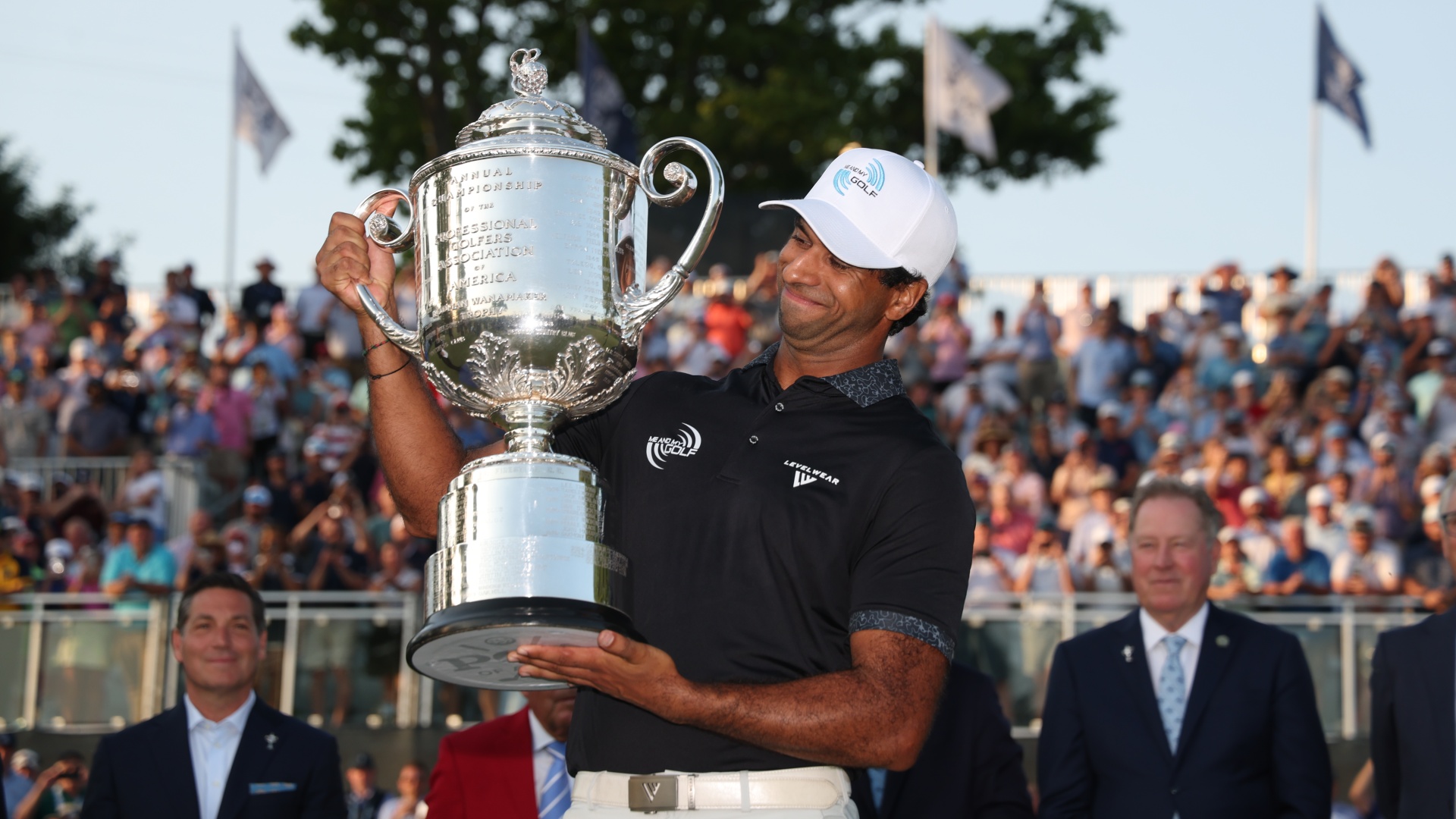 Aaron Rai celebrating with the Wanamaker Trophy after winning the 2026 PGA Championship