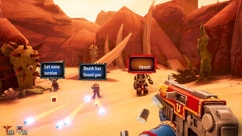 A screenshot of Warhammer 40,000 Boltgun: Words of Vengeance, showing the player fighting enemies by typing phrases into texboxes above their heads.