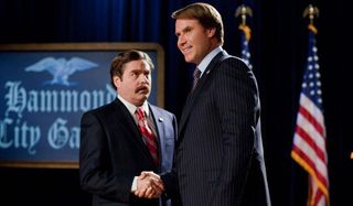 The Campaign Zack Galifianakis shakes hands with Will Ferrell on the debate stage