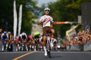 QUEBEC CITY QUEBEC SEPTEMBER 09 Benoit Cosnefroy of France and Ag2R Citroen Team celebrates winning during the 11th Grand Prix Cycliste de Qubec 2022 a 2016km one day race from Quebec to Quebec GPCQM on September 09 2022 in Quebec City Quebec Photo by Dario BelingheriGetty Images