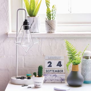 white wall and lamp plant pot and calendar on table