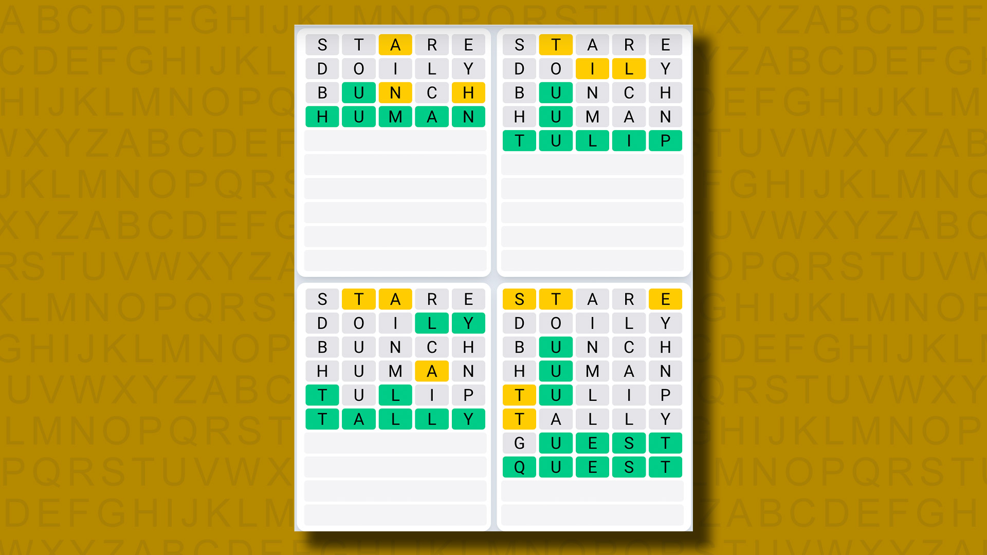 Quordle Daily Sequence answers for game 1027 on a yellow background