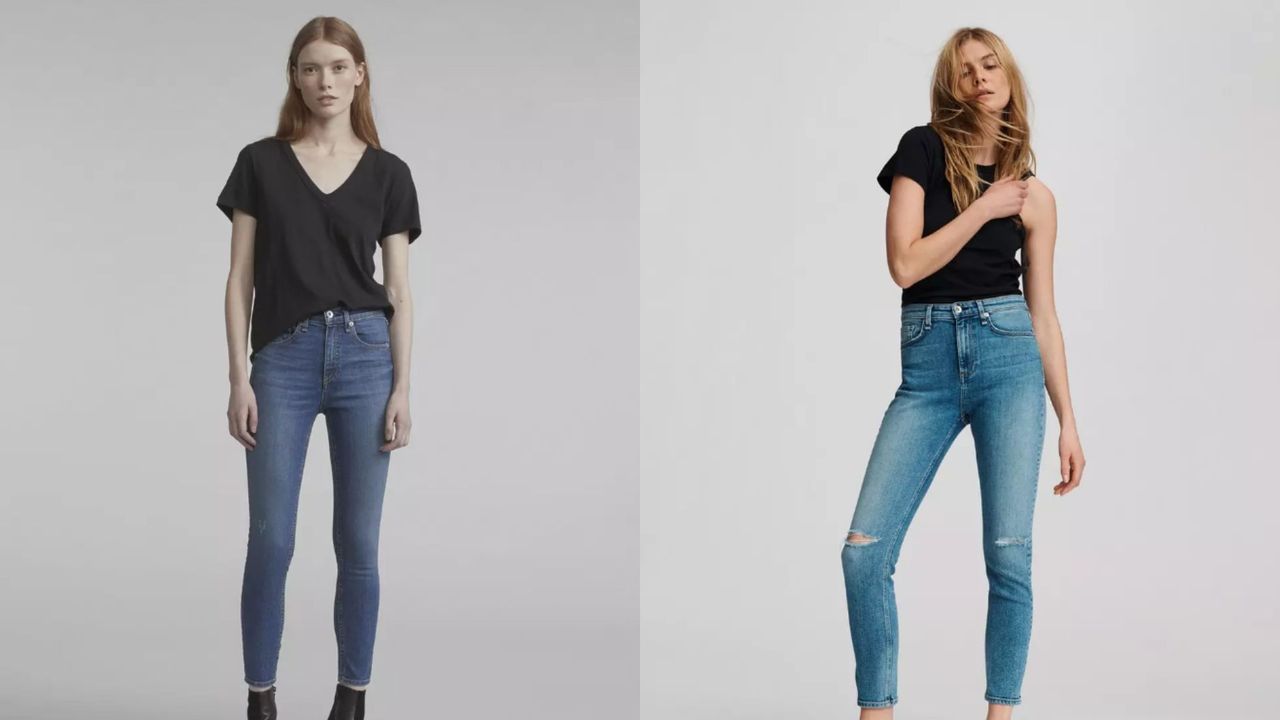 models wearing rag &amp; bone high rise ankle skinny jeans