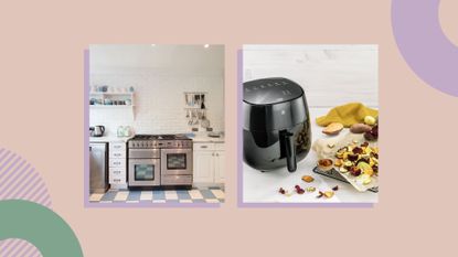 a collage image illustrating air fryer vs oven – in one image, there is an oven in a country/modern kitchen, and a ZWILLING air fryer next to vegetable chips, against a pink background