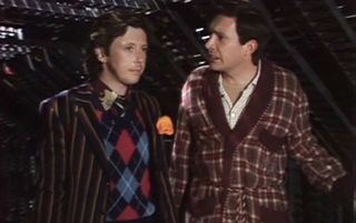 Ford Prefect (left), played by David Dixon and Arthur Dent, portrayed by Simon Jones, in the 1981 BBC miniseries.