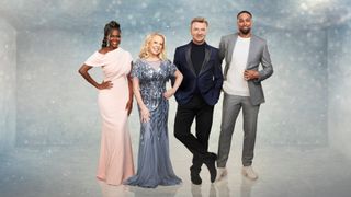 Dancing on Ice 2023 judges standing in glam clothing in front of an icy background