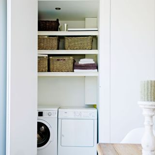 utility room with storage shelves and washing machine