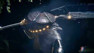 Robotic ninja rests futuristic sword across shoulders