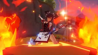 Genshin Impact's Xinyan plays her guitar on a stage surrounded by flames