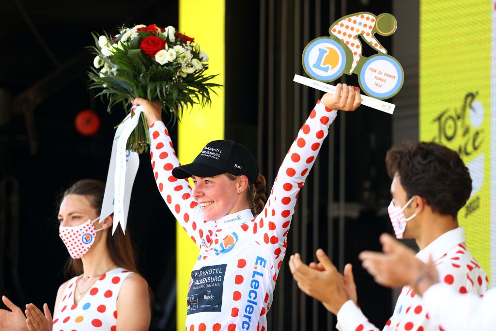 PARIS FRANCE JULY 24 Femke Markus of Netherland and Team Parkhotel Valkenburg celebrates at podium as Polka Dot Mountain Jersey winner during the 1st Tour de France Femmes 2022 Stage 1 a 817km stage from Paris Tour Eiffel to Paris Champslyses TDFF UCIWWT on July 24 2022 in Paris France Photo by Michael SteeleGetty Images