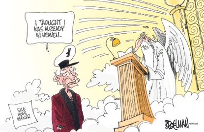 Editorial cartoon U.S. Hugh Hefner death heaven