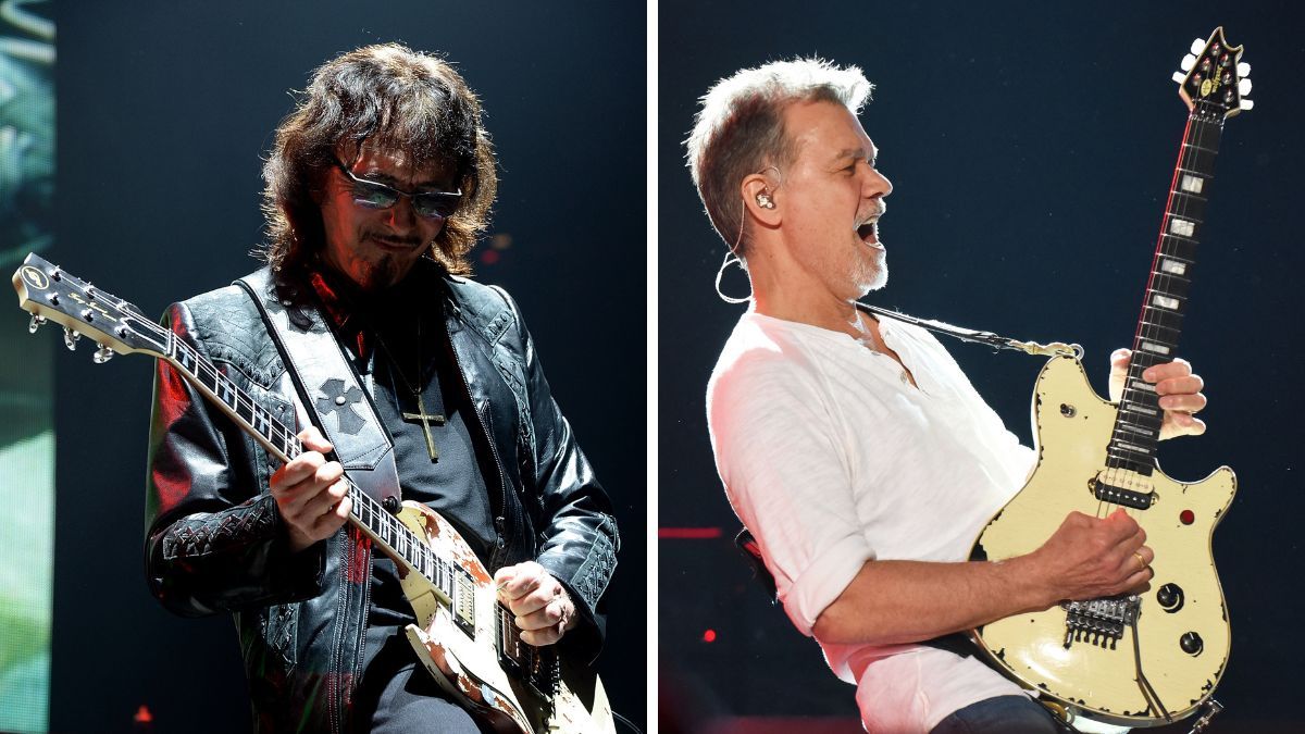 L-Tony Iommi performs with Black Sabbath onstage at Madison Square Garden on February 25, 2016 in New York City;R-Eddie Van Halen of Van Halen performs at Music Midtown at Piedmont Park on September 19, 2015 in Atlanta, Georgia