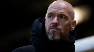 Erik ten Hag, Manager of Manchester United, looks on prior to the Emirates FA Cup Fourth Round match between Newport County and Manchester United at Rodney Parade on January 28, 2024 in Newport, Wales. (Photo by Ryan Hiscott/Getty Images)