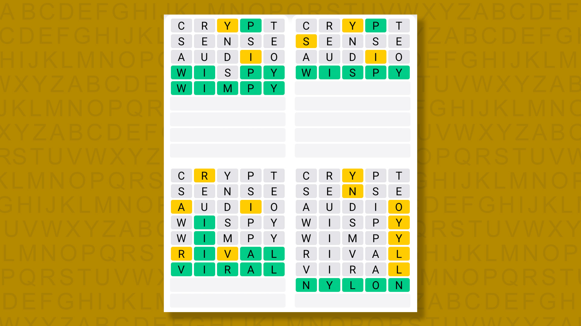 Quordle answers for game #1602 on a yellow background