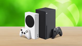 Xbox Series X and Xbox Series S on table with green background