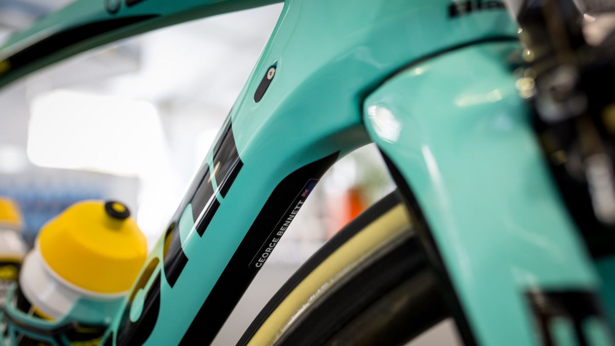 Decals on the underside of the frameset help identify the frame when hanging the bike in the team service course