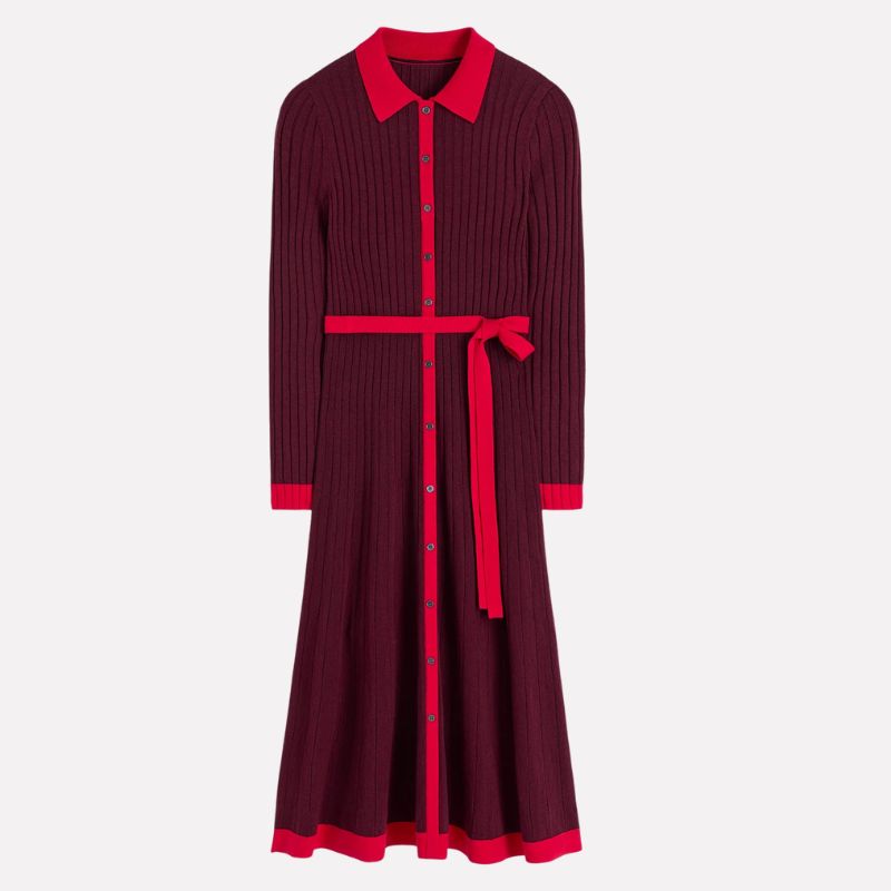 A cutout of a maroon and pink knitted shirt dress by Boden