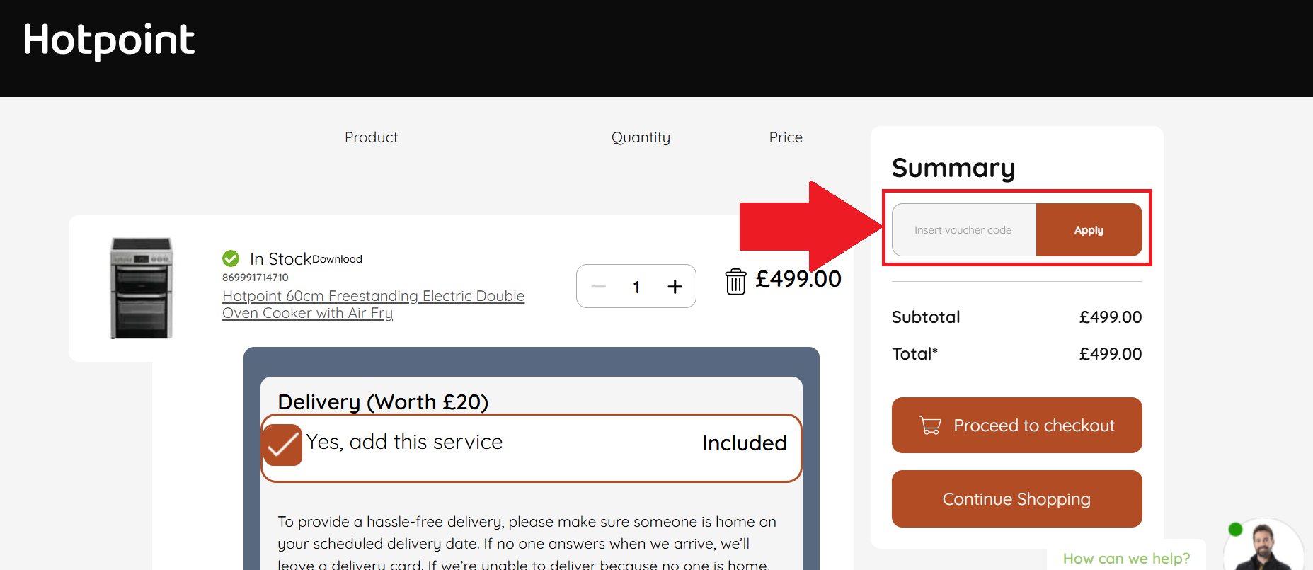 A screenshot of the hotpoint checkout page showing where to enter your hotpoint discount code