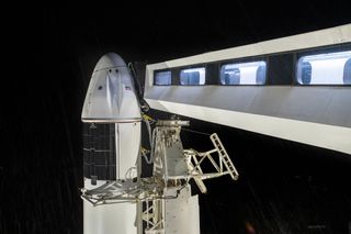 A close-up of the SpaceX CRS-22 Dragon cargo ship atop its Falcon 9 rocket on Pad 39A of NASA's Kennedy Space Center on June 2, 2021, one day ahead of its planned launch.