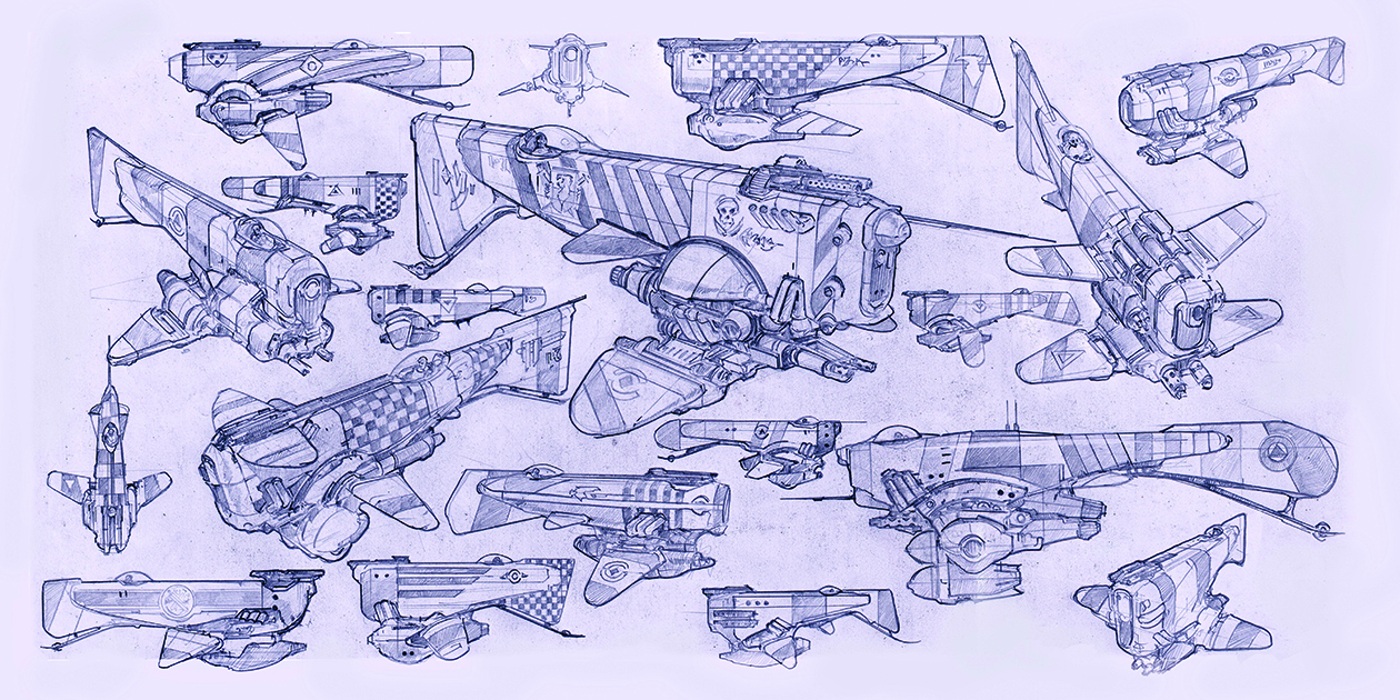 Sketches of characters and machines for concept art
