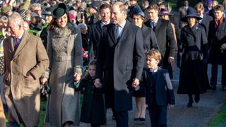 Catherine, Duchess of Cambridge and Prince William, Duke of Cambridge with Prince George of Cambridge and Princess Charlotte of Cambridge attend the Christmas Day Church service at Church of St Mary Magdalene