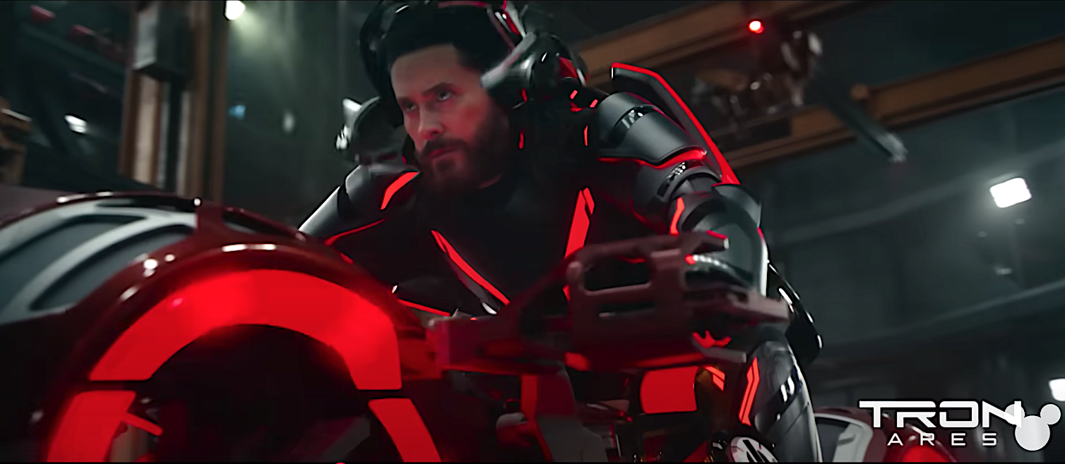 a sci-fi character mounts a futuristic digital motorcycle