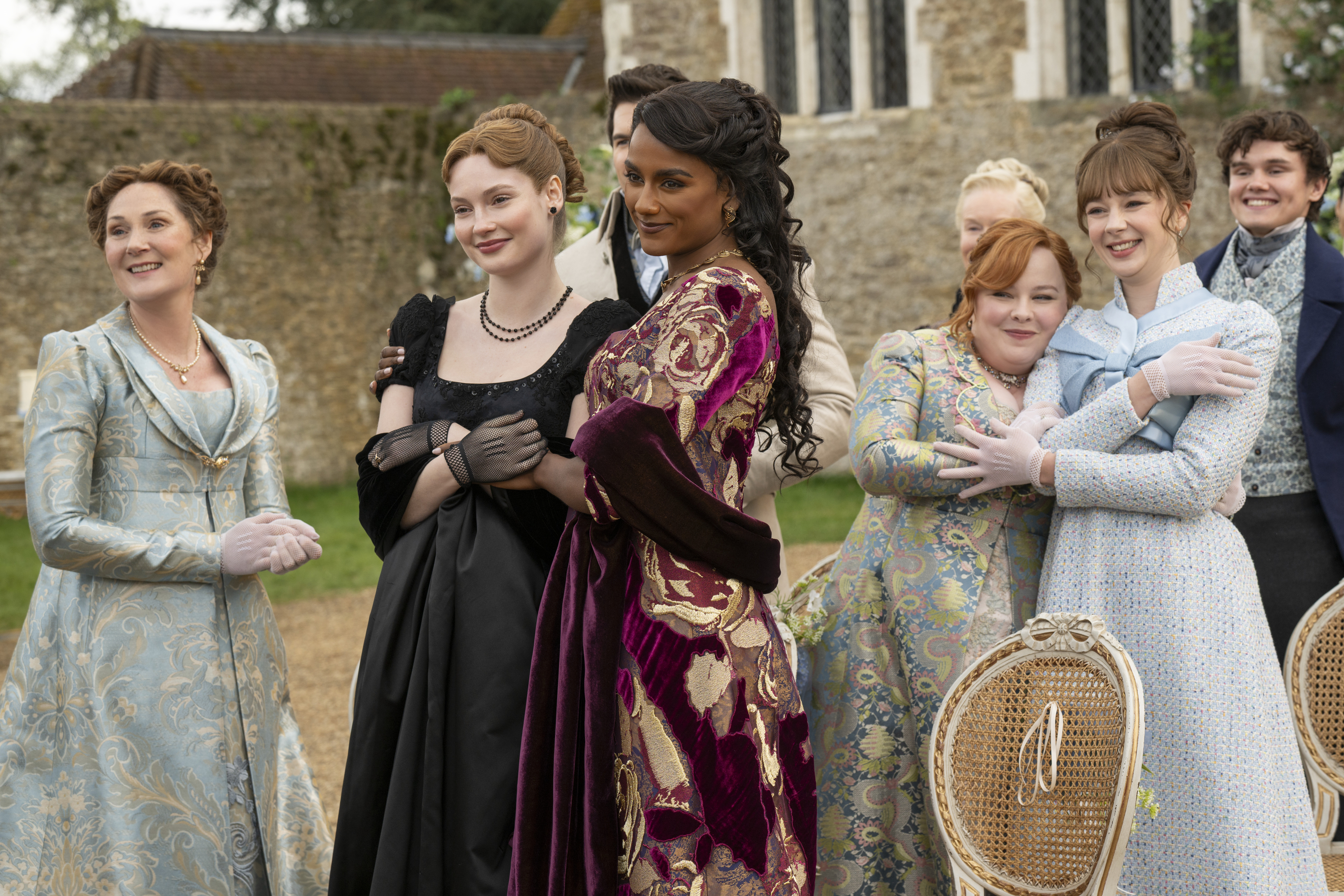 (L to R) Ruth Gemmell as Lady Violet Bridgerton, Hannah Dodd as Francesca Bridgerton, Simone Ashley as Kate Sharma, Nicola Coughlan as Penelope Bridgerton, Claudia Jessie as Eloise Bridgerton, Will Tilston as Gregory Bridgerton in episode 408 of 'Bridgerton.'