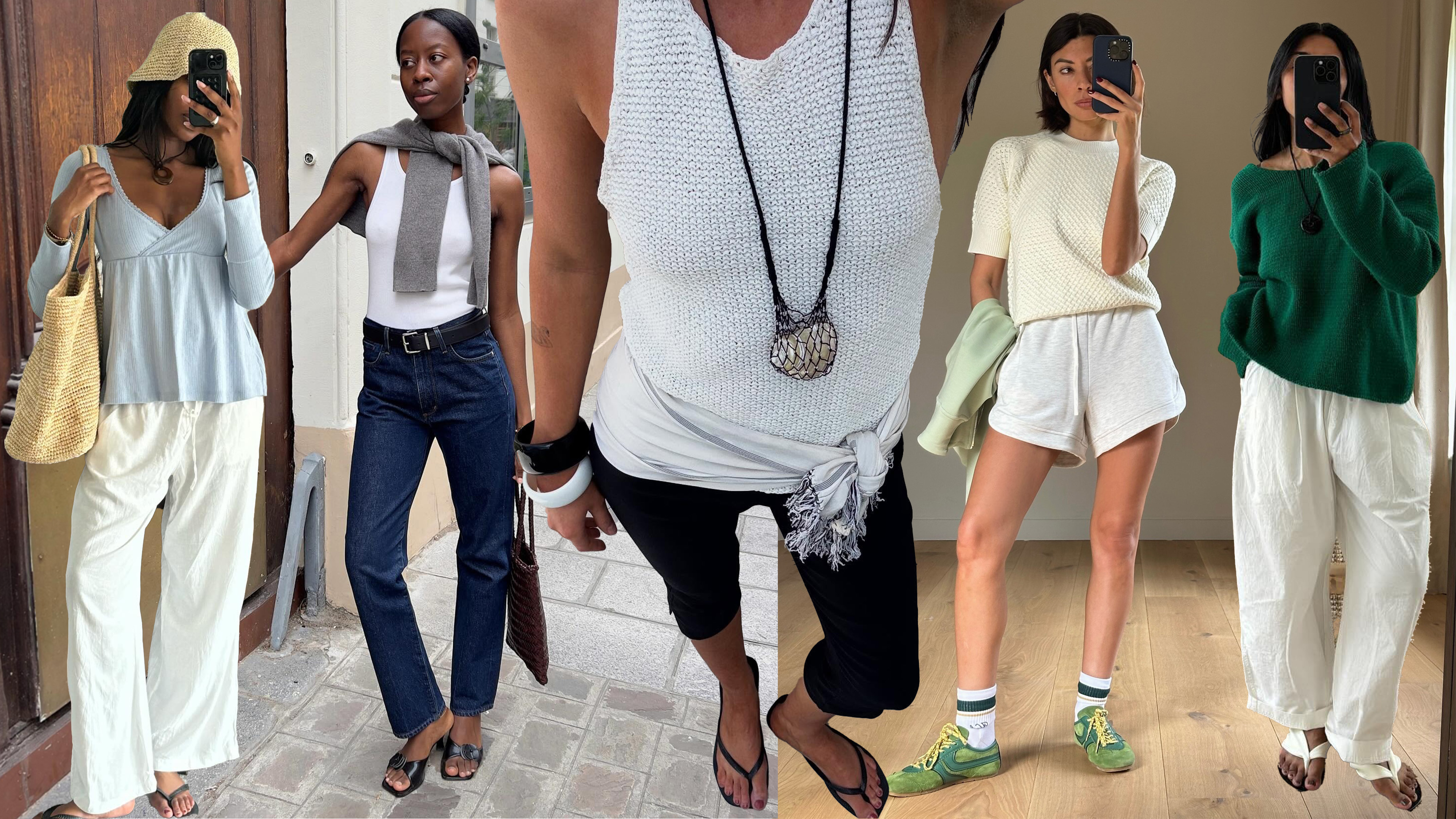 A collage of women wearing different summer shoe trends