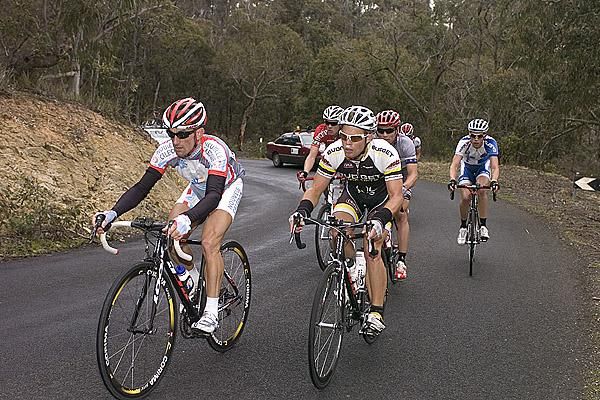 Gael Bonnace (New Caledonia) leads the breakaway group up a climb on the second of three laps around the township of Anakie near Geelong.