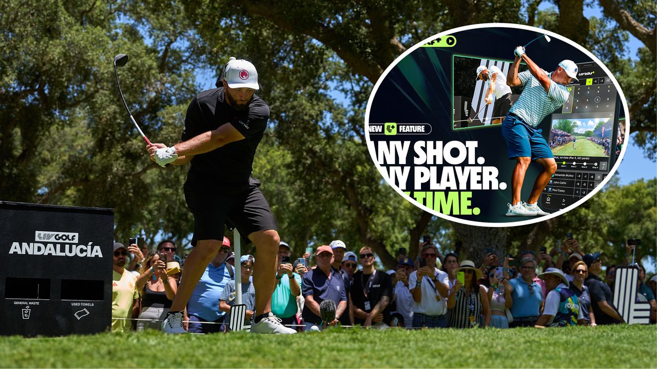 Main image of Jon Rahm at LIV Golf Andalucia 2024 - inset image of LIV Golf&#039;s new &#039;Any Shot, Any Time&#039; feature graphic