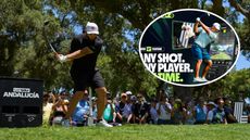 Main image of Jon Rahm at LIV Golf Andalucia 2024 - inset image of LIV Golf's new 'Any Shot, Any Time' feature graphic