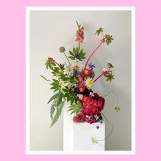 sage flower arrangement on a pink background