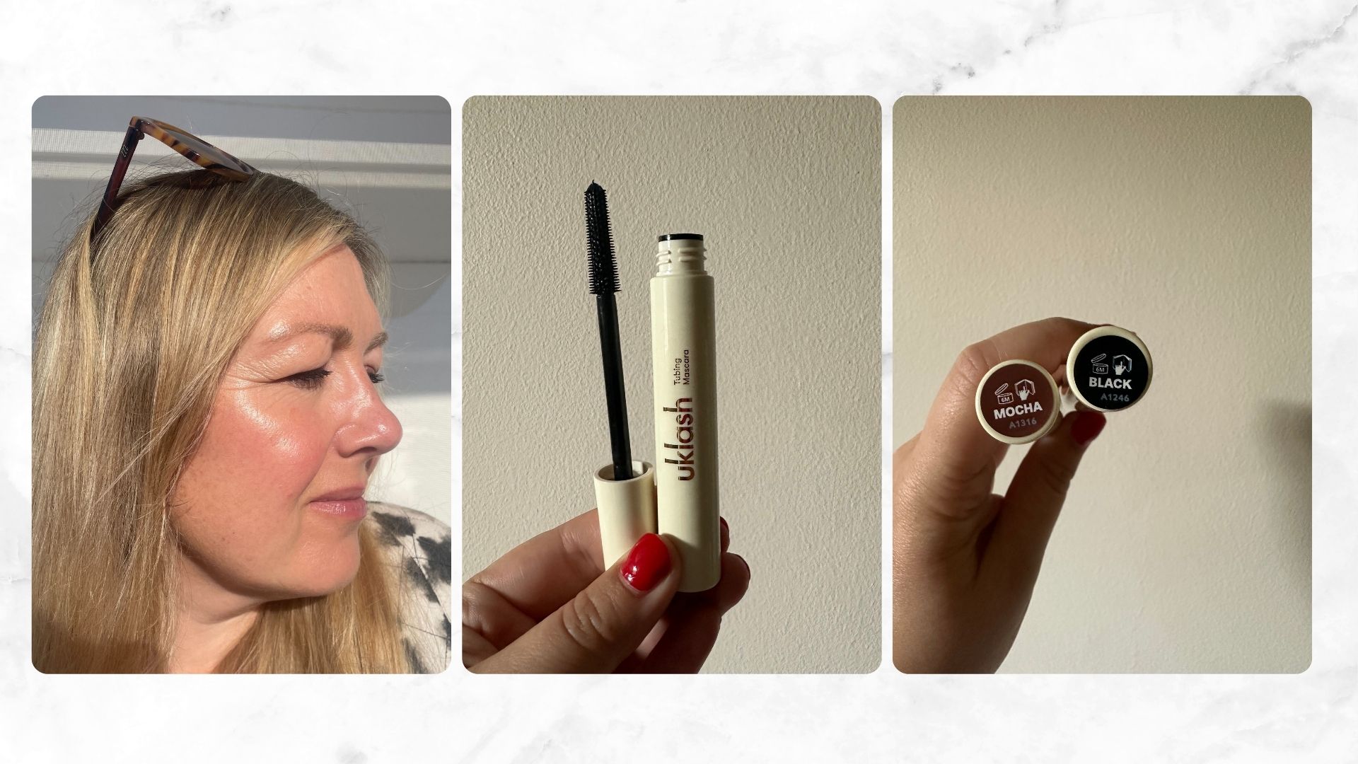An image of Beauty Director Sarah Cooper-White Wearing the UKLASH Tubing Mascara, next to a picture of the mascara being held open, next to a picture of the mascara shades showing black and brown