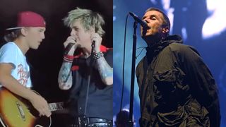 LEFT: Green Day's Bilie Joe Armstrong onstage with fan who performed "Wonderwall" June 30, 2025; RIGHT: Liam Gallagher performs on stage on day three of Sziget Festival 2024 on Óbuda Island on August 9, 2024 in Budapest, Hungary.