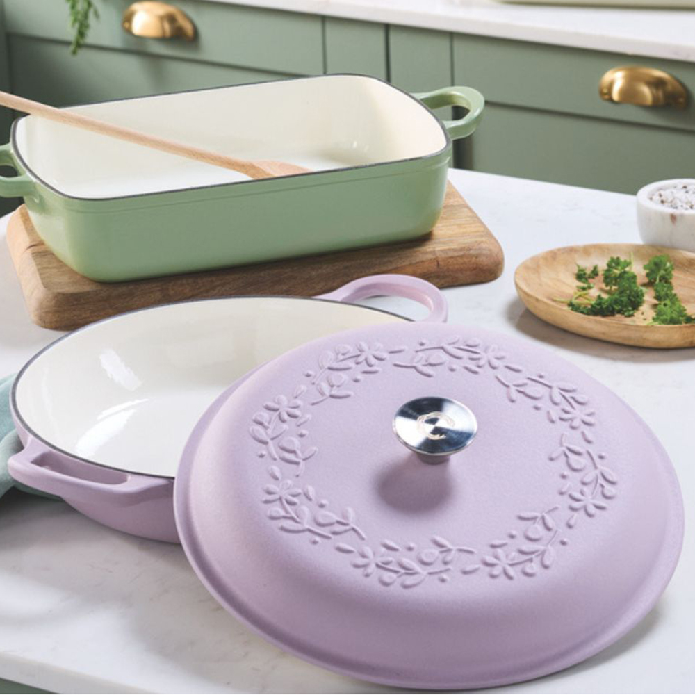 Lilac cast iron casserole dish