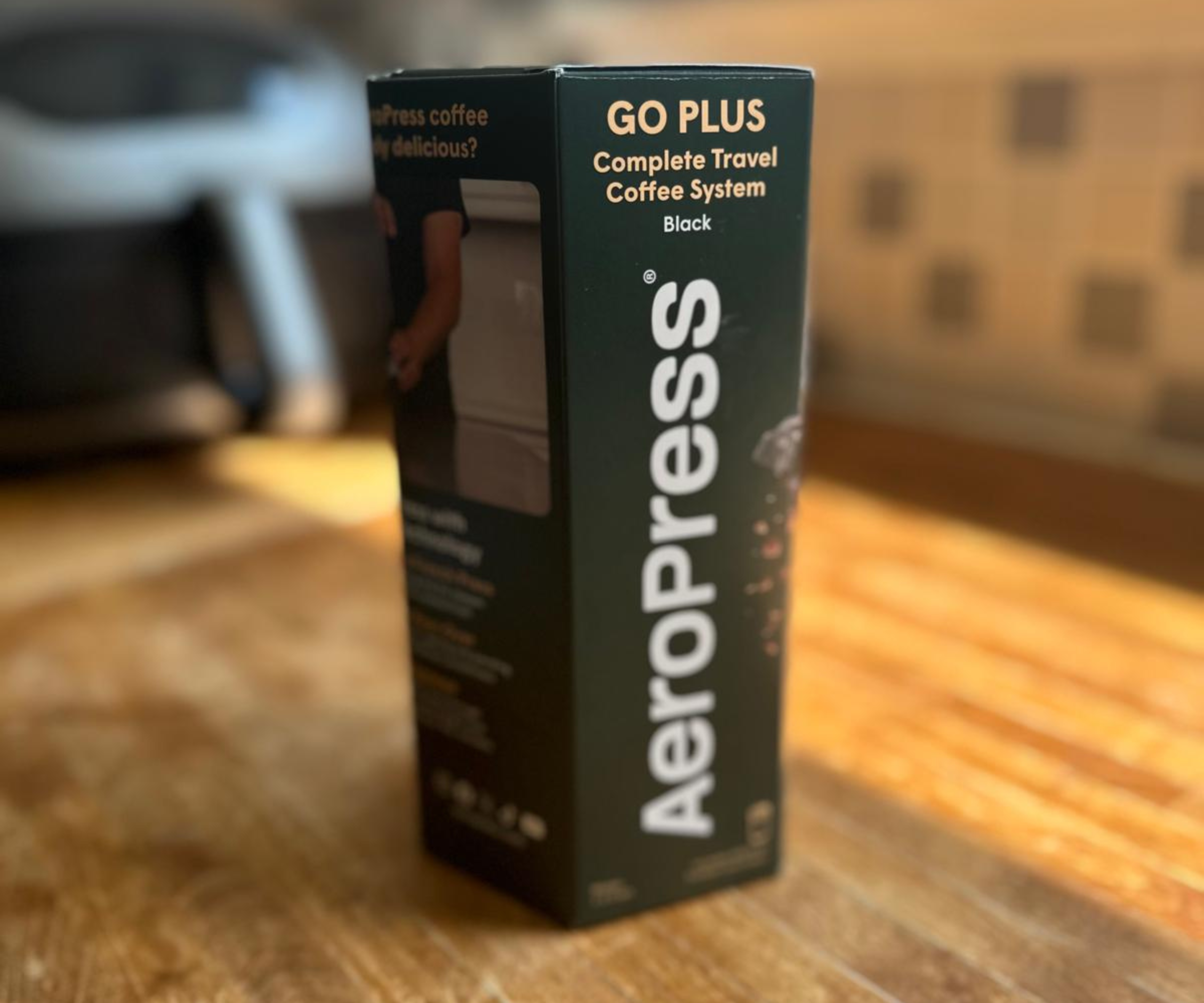 The AeroPress Go Plus box ready to be unpacked in my kitchen