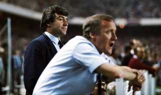 Terry Venables and assistant Allan Harris look on during the penalty shootout between Barcelona and Steaua Bucharest in the 1986 European Cup final in Seville.