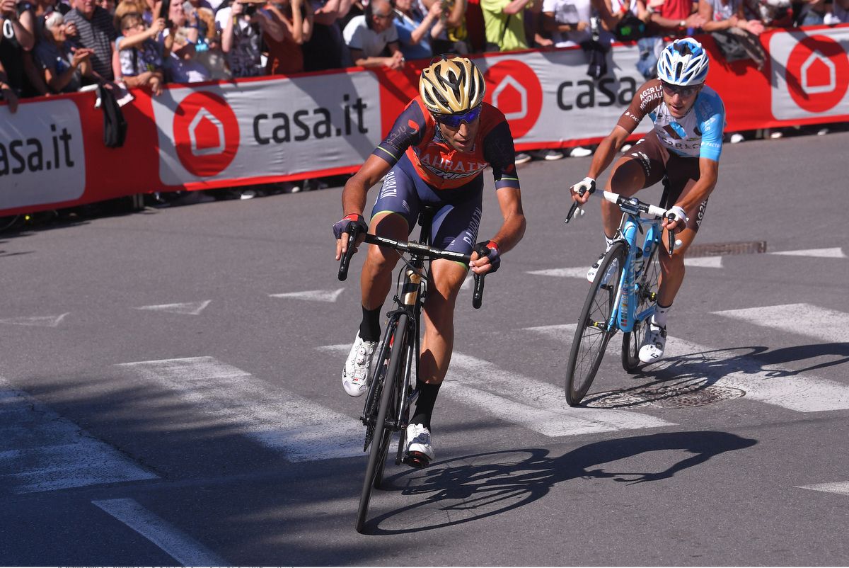 Vincenzo Nibali (Bahrain-Merida) leads into the corner