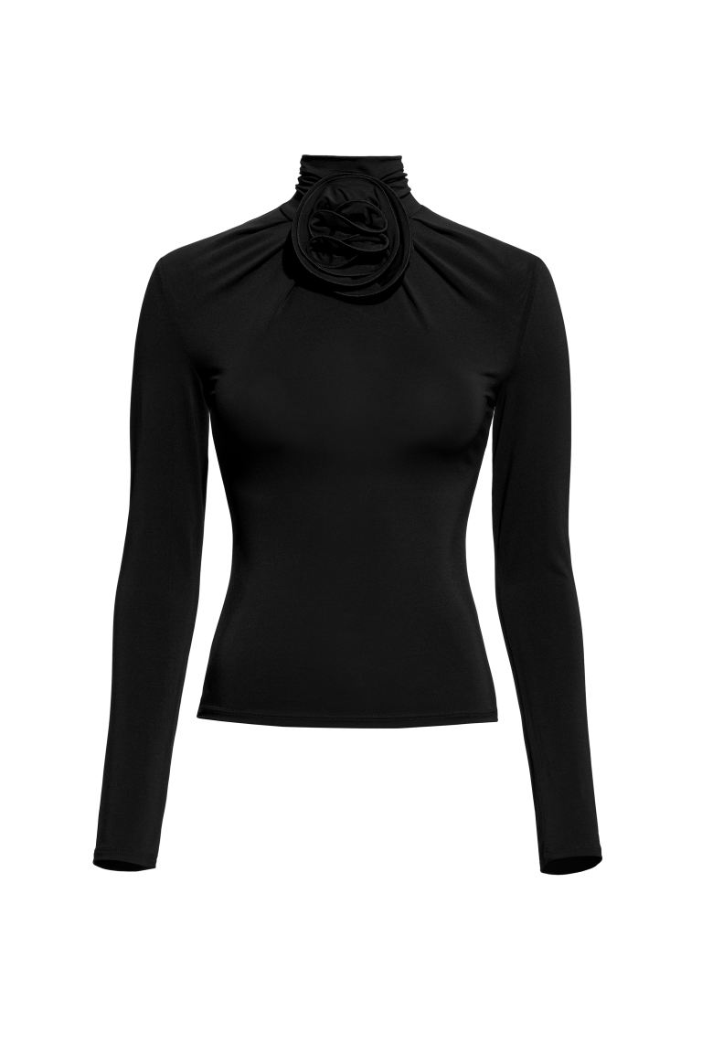 Mock Turtleneck Top With Rose Appliqué