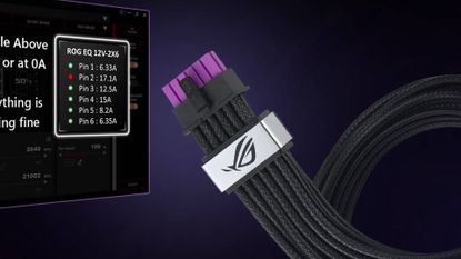 Close up of ROG Equalizer GPU cable with purple backdrop next to pin voltage table visual on left.