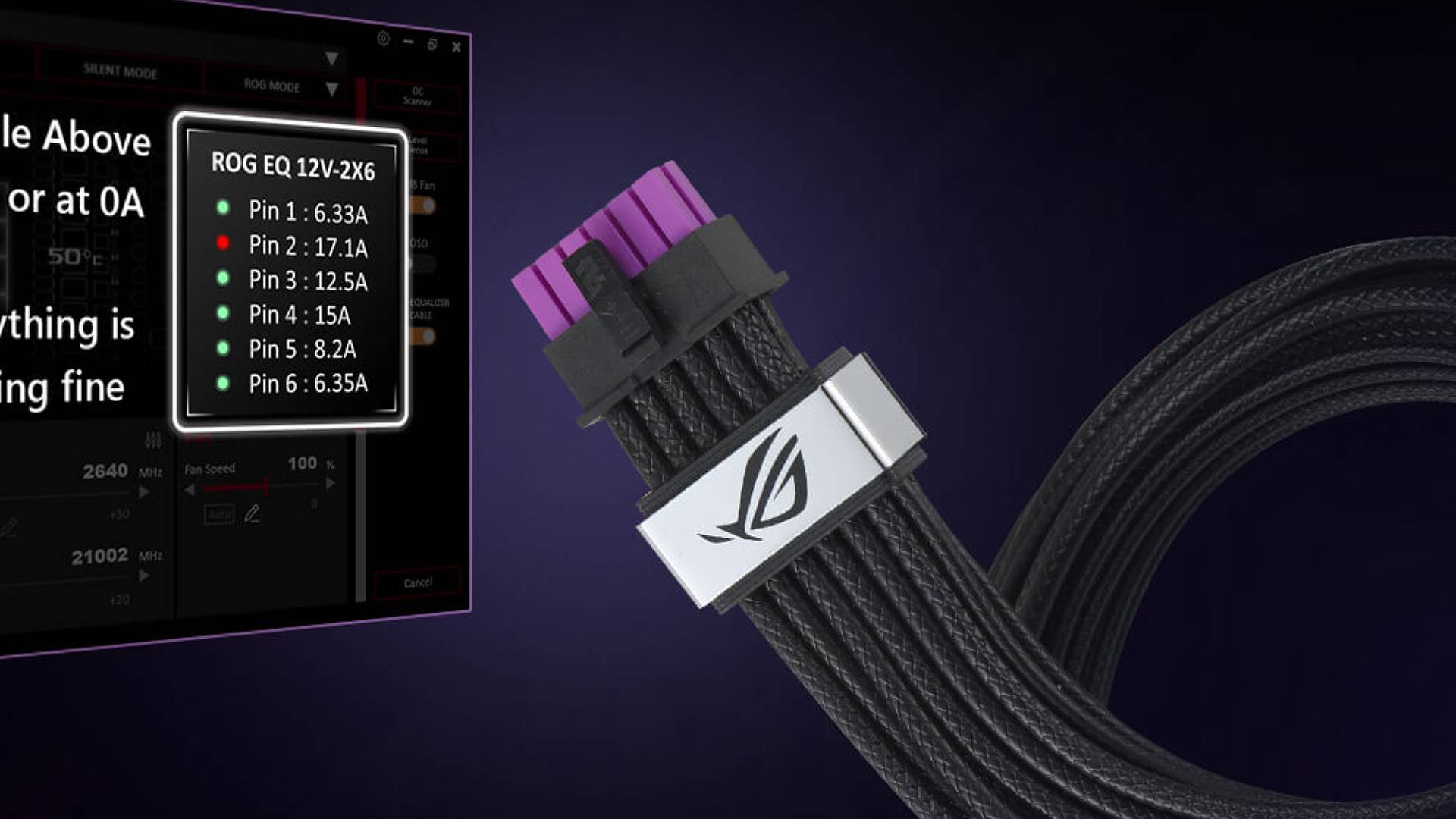 Close up of ROG Equalizer GPU cable with purple backdrop next to pin voltage table visual on left.