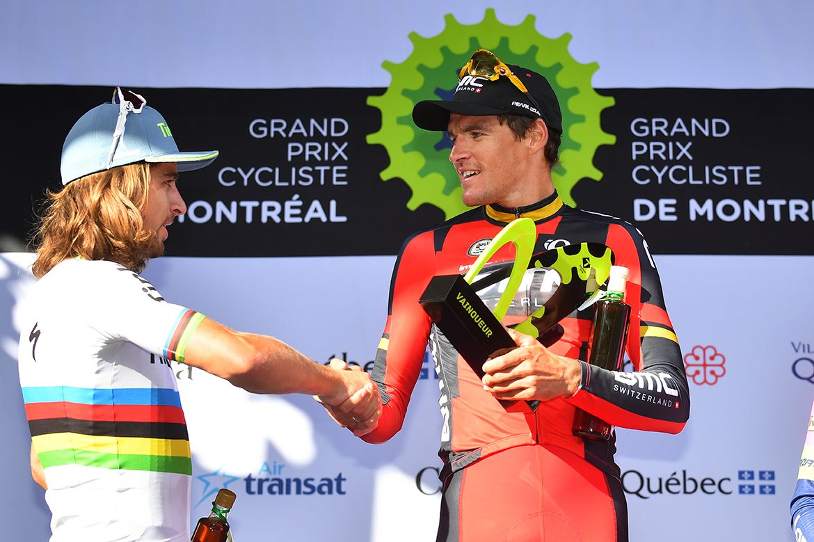 World champion Peter Sagan shakes the hand of Olympic champion Greg Van Avermaet