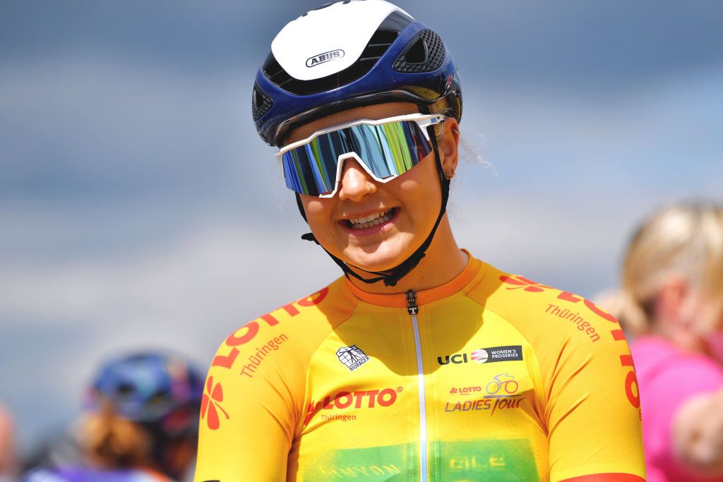 DRTENDORF GERMANY MAY 28 Emma Norsgaard Jorgensen of Denmark and Movistar Team yellow leader jersey during the 34th Internationale LOTTO Thringen Ladies Tour 202 Stage 4 a 101km stage from Drtendorf to Drtendorf 420m ltlt2021 lottothueringenladiestour womencycling on May 28 2021 in Drtendorf Germany Photo by Luc ClaessenGetty Images