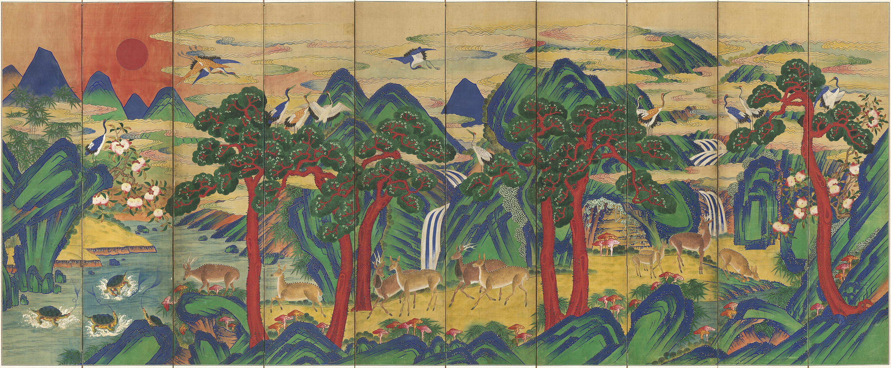 'Ten symbols of longevity' 1800-1900. Attributed to court painters, this ten-panel folding-screen piece is a product of ink and colour on silk. 