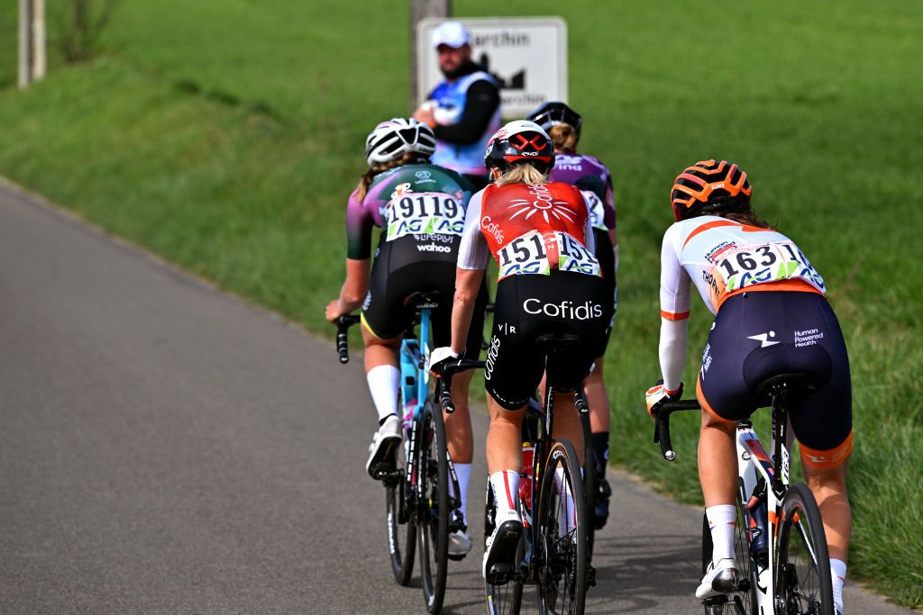HUY BELGIUM APRIL 19 Detailed view of Rachel Neylan of Australia and Cofidis Team Antri Christoforou of Cyprus and Team Human Powered Health Ella Harris of New Zealand and Lifeplus Wahoo Team and Caroline Andersson of Sweden and Team LIV Racing Teqfind compete in the breakaway during the 26th La Fleche Wallonne Feminine 2023 a 1273km one day race from Huy to Mur de Huy UCIWWT on April 19 2023 in Huy Belgium Photo by David StockmanGetty Images