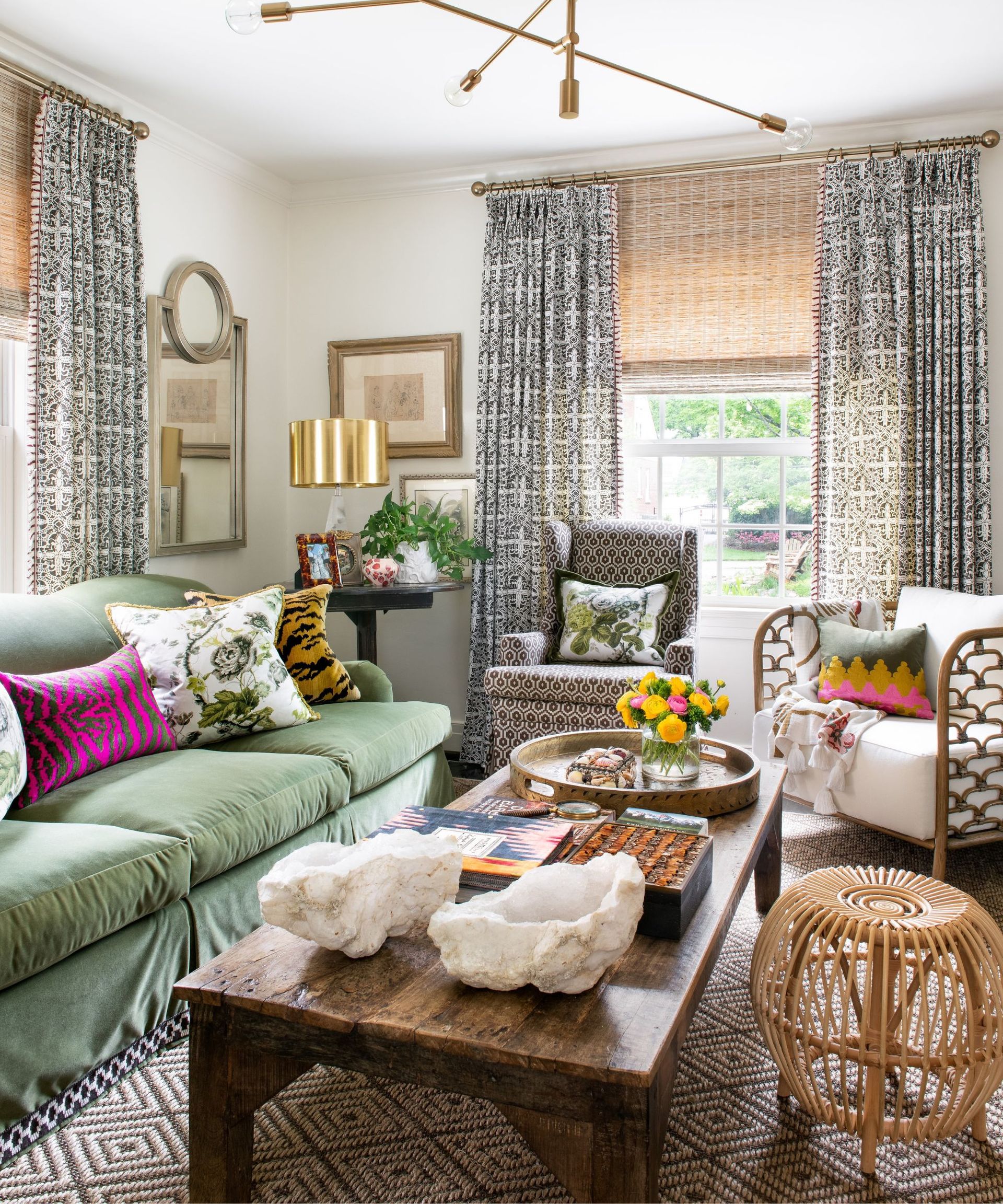 Green sofa, wooden table and stools, golden light
