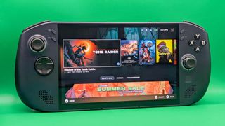 Lenovo Legion Go S (SteamOS) standing up and displaying Steam library.