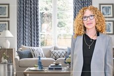 An image of a decorated living room with an insert of Kelly Hoppen (R)