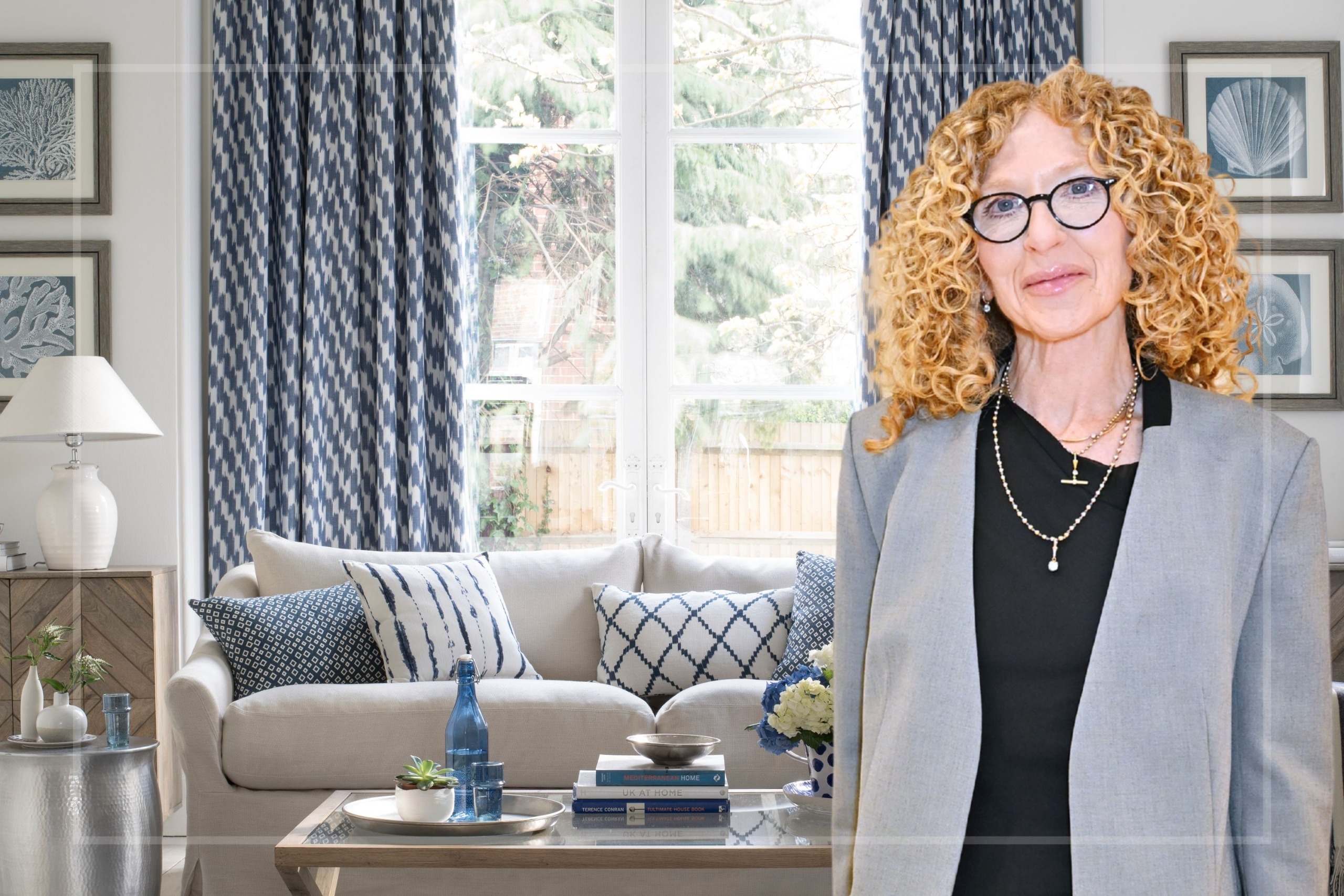 An image of a decorated living room with an insert of Kelly Hoppen (R)
